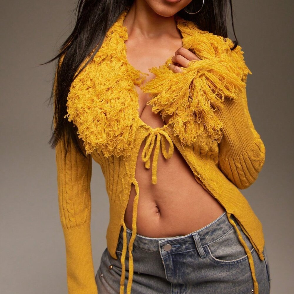 Yellow Casual Women's Fringe Detail Open Front Sweater Cardigan - Picture 2 of 7